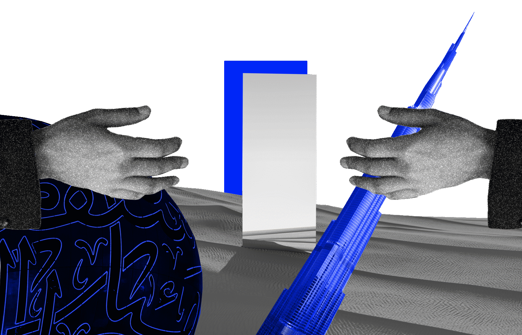 Two hands reaching across a desert landscape towards a document and the Burj Khalifa